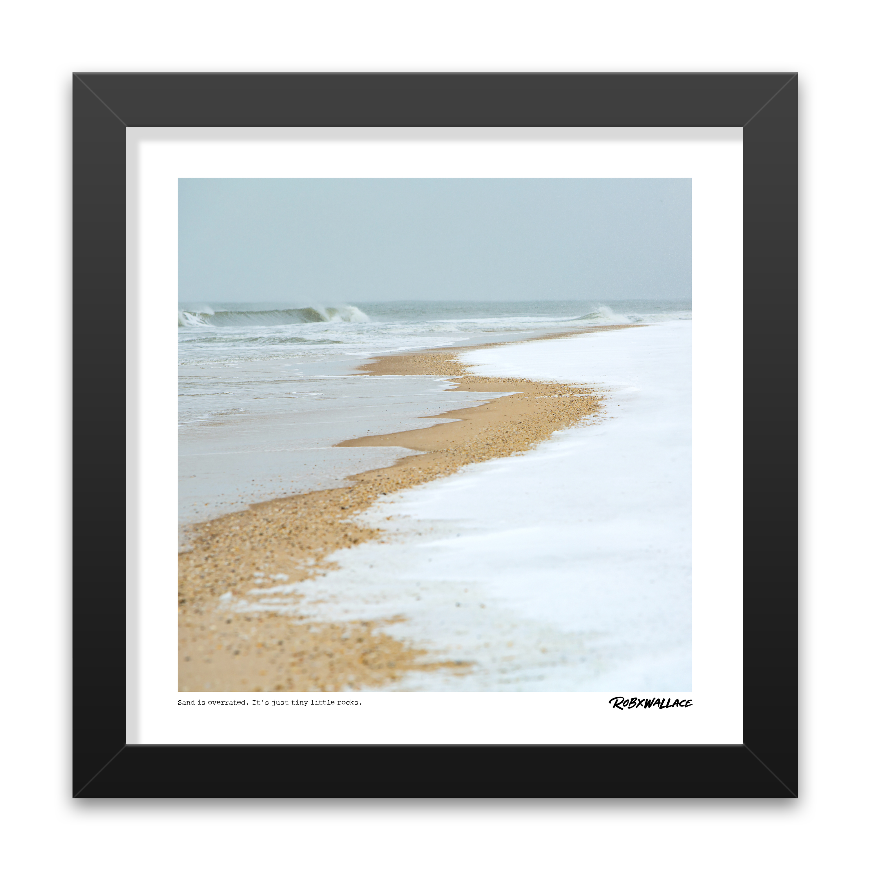 Close-up view of a 12X12 square framed fine art Graphic Design print by Rob Wallace the minimalist, snow-covered winter coast of Montauk.