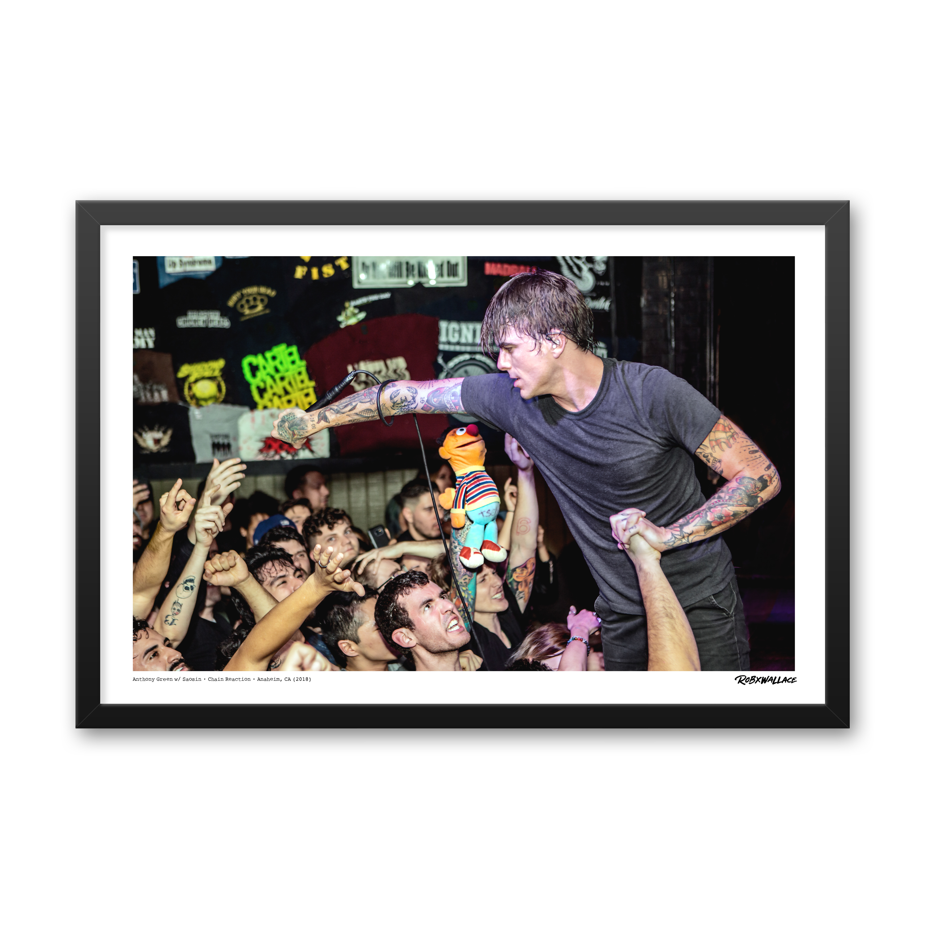 Detailed close-up view of a 20x30 framed live music poster print documenting Saosin's historic multi-night residency at Chain Reaction in Anaheim.