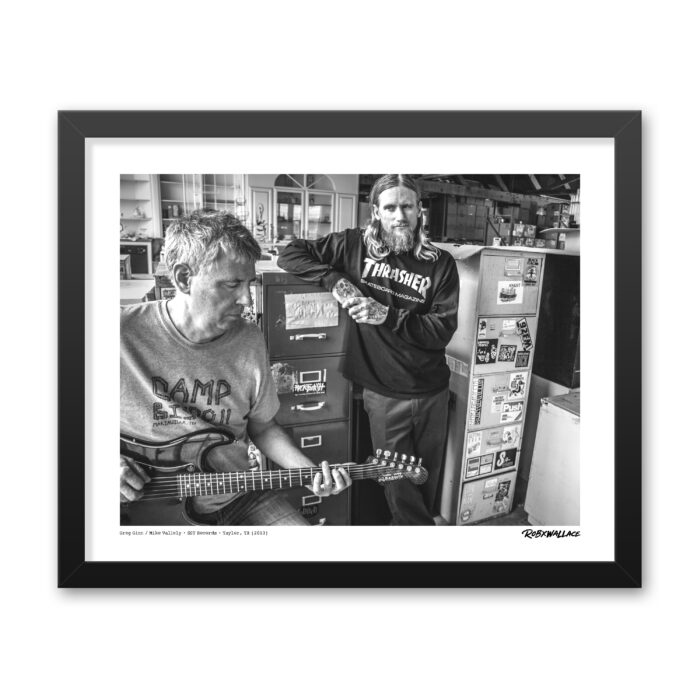 Detailed close up of a 16x20 wide framed punk rock poster print focusing on the creative history of Greg Ginn and Mike Vallely working together.