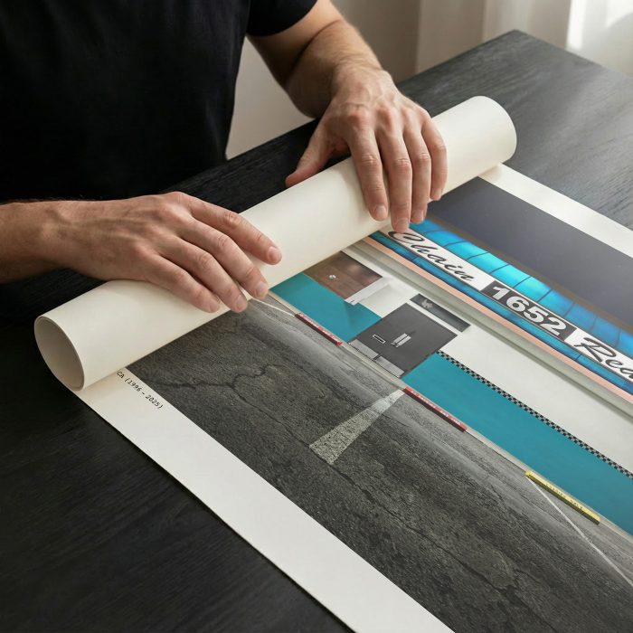 Hands unrolling a 16x20 wide aspect fine art Graphic Design print showcasing the historic Chain Reaction music venue facade at night.