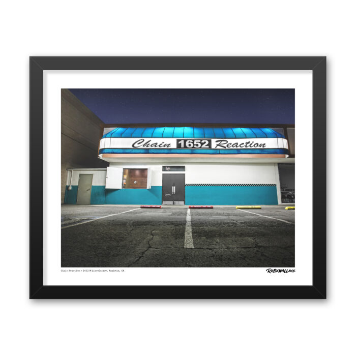 16x20 wide framed Graphic Design print of the historic Chain Reaction punk rock music venue displayed as clean interior home decor.