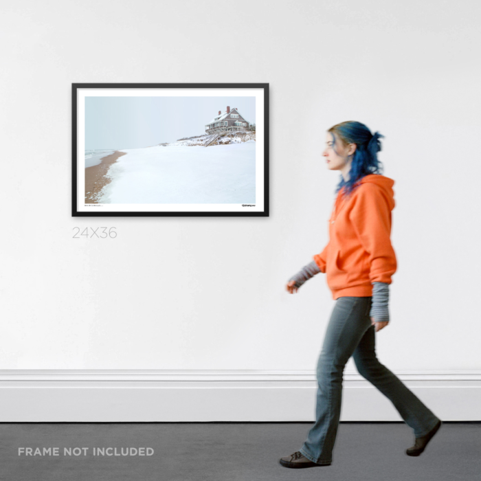 24X36 framed movie Graphic Design wall art print of the house from Eternal Sunshine of the Spotless Mind hanging as interior room decor.