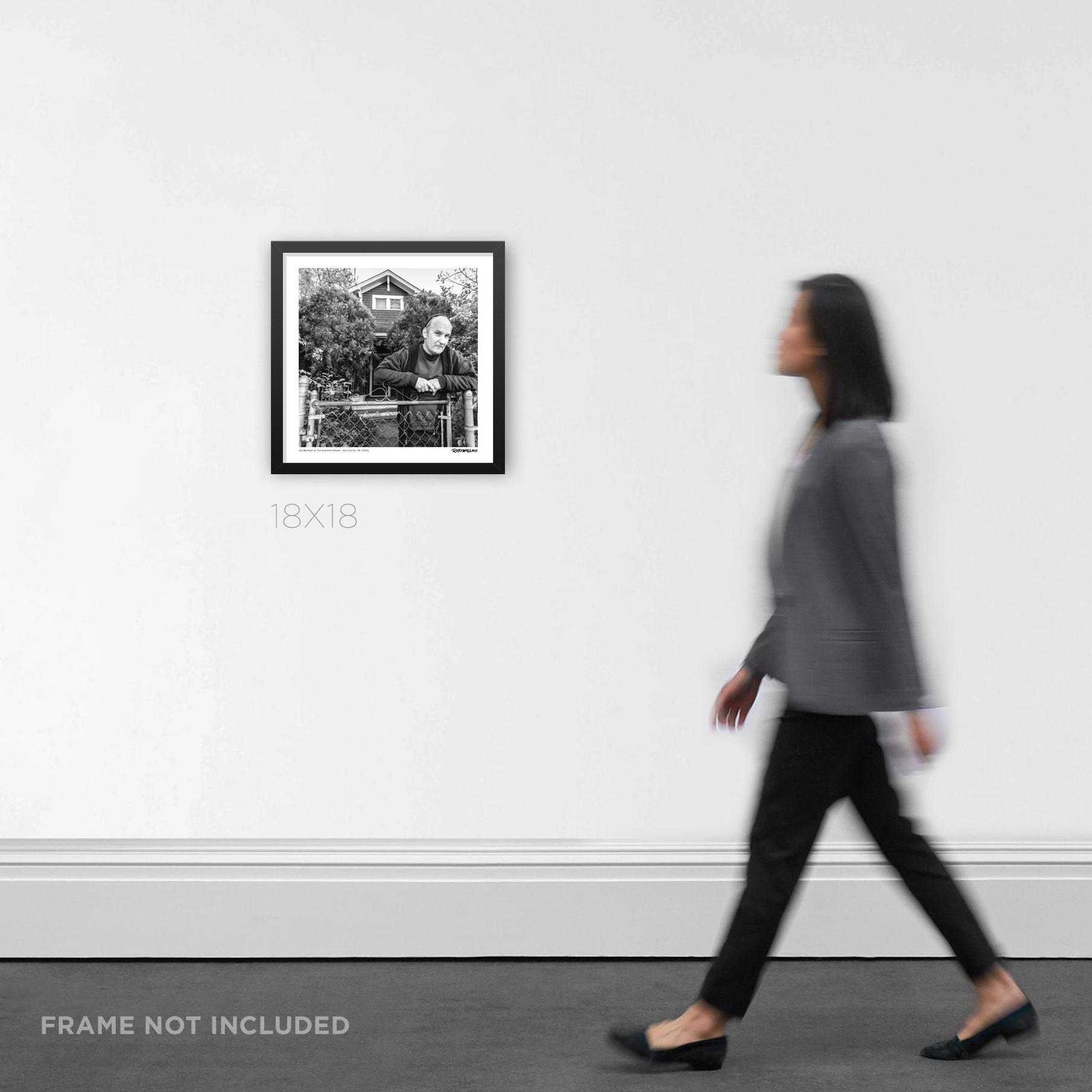 18X18 square framed Ian MacKaye Dischord House music print by Rob Wallace, displayed as modern home decor on a wall for scale.