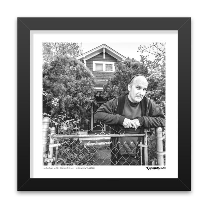 Detailed view of a 12X12 square framed punk rock history print of Ian MacKaye by Rob Wallace, ready for home wall hanging.