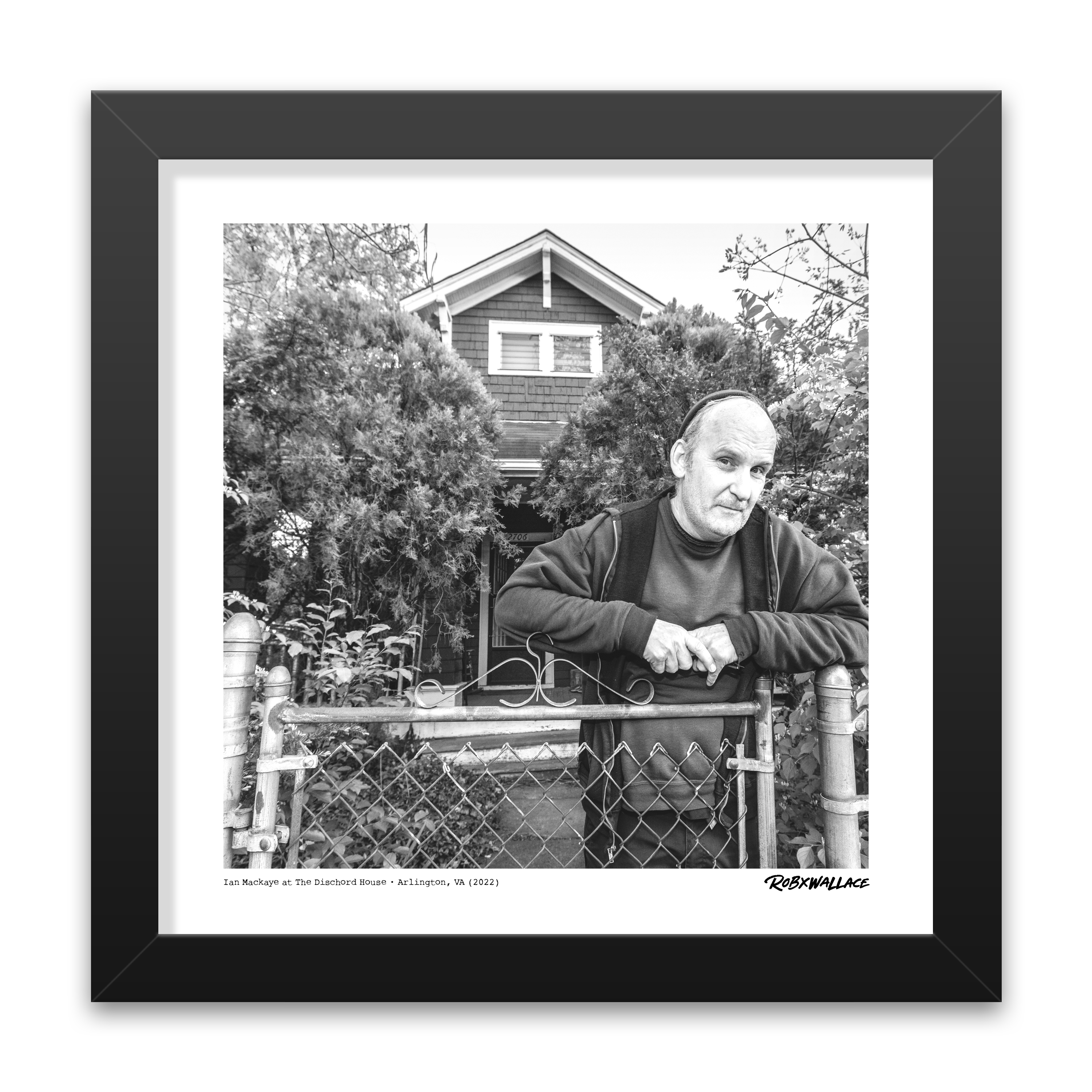 Detailed view of a 12X12 square framed punk rock history print of Ian MacKaye by Rob Wallace, ready for home wall hanging.