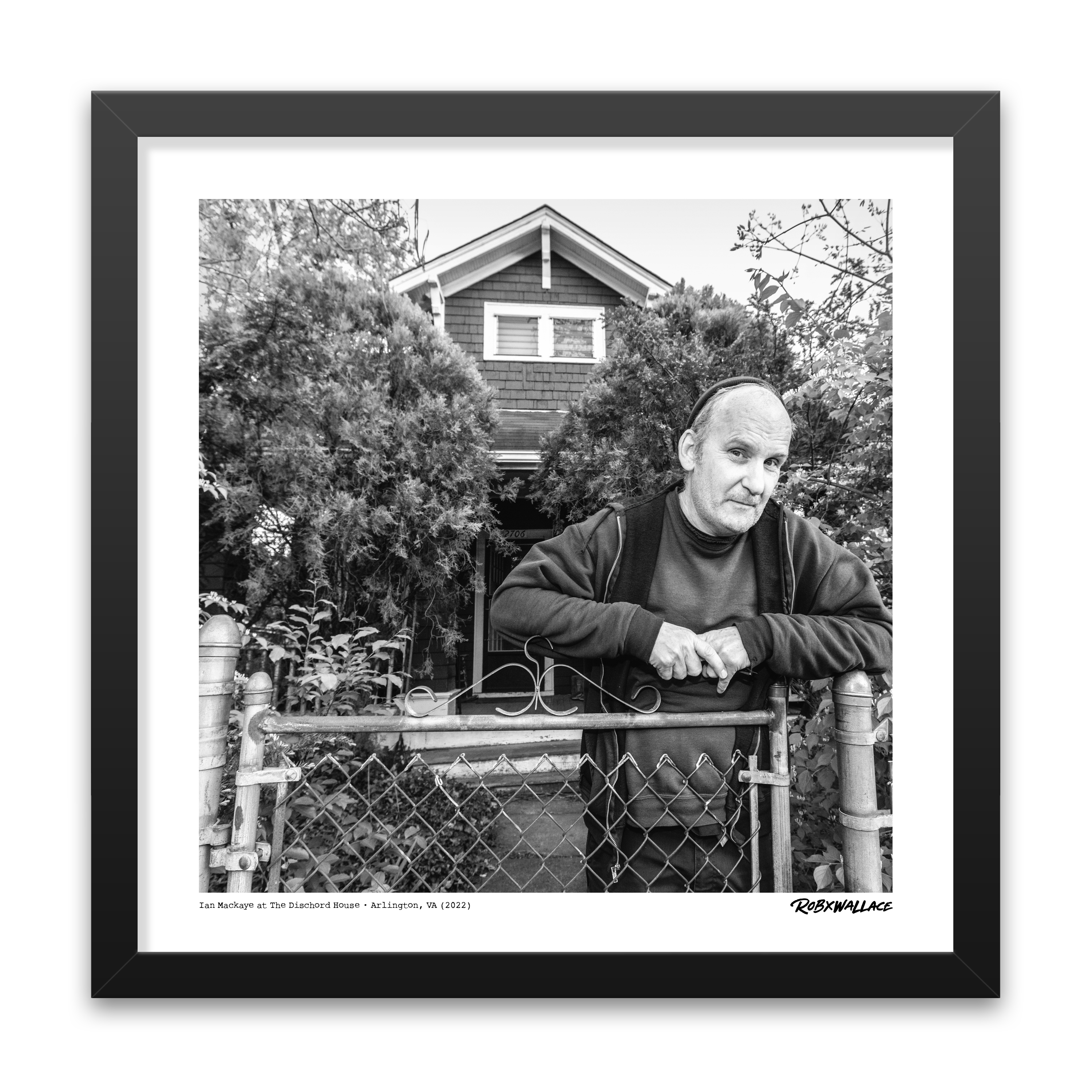 Close up of an 18X18 square framed punk rock documentary photo print of Ian MacKaye by Rob Wallace for music room decor.