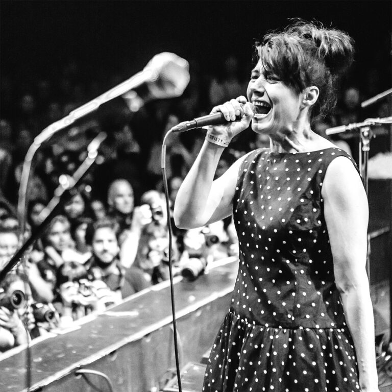 Kathleen Hanna singing live with The Julie Ruin at Burger A-Go-Go at The Observatory in Santa Ana, California.