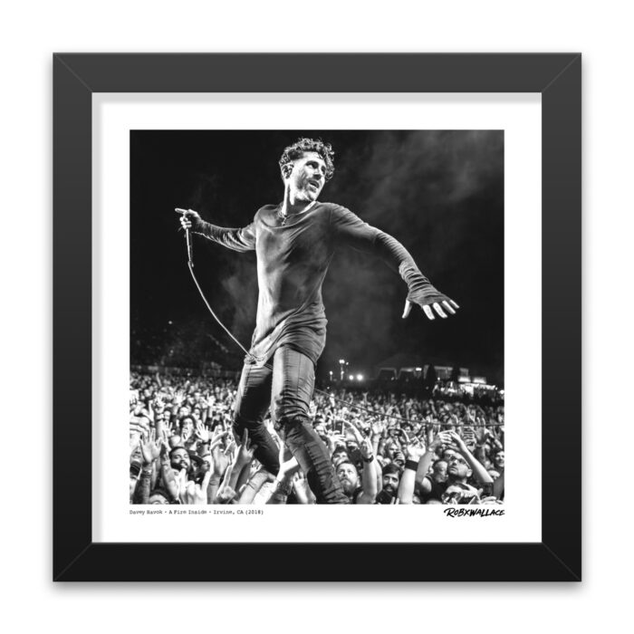 Detailed close up of a 12x12 square framed fine art punk print featuring Davey Havok on display at the Punk Rock Museum.