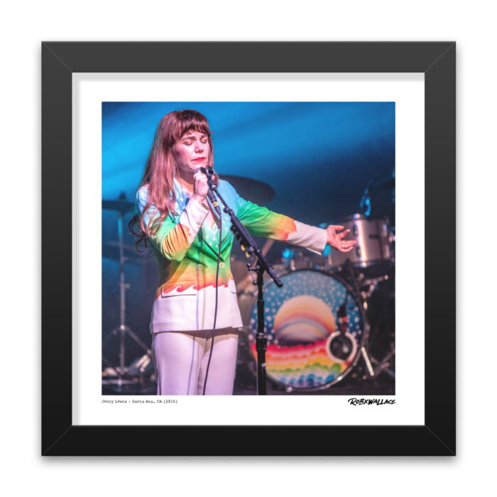 Close up view of a 12x12 square framed fine art music poster print the emotion and classic rebellious energy of songwriter Jenny Lewis performing live.