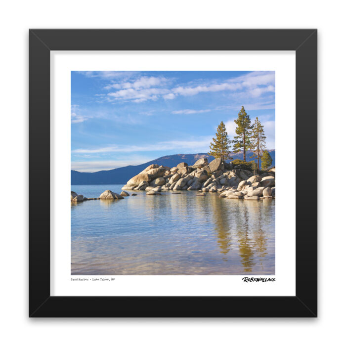 Close up look at a 12x12 square framed landscape print documenting the pristine clarity, towering pines, and quiet isolation of Sand Harbor, Lake Tahoe.