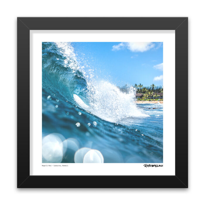 Close up view of a 12x12 square framed fine art surf decor print showing the crisp wave textures and sunlight patterns of a pristine Hawaiian barrel by RobxWallace.