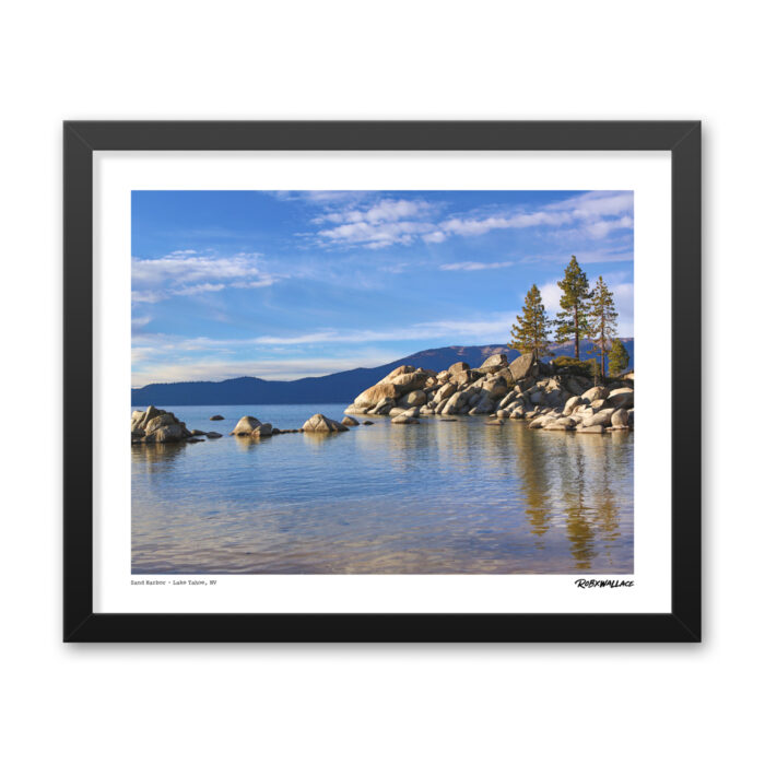 Detailed close up of a 16x20 wide framed landscape poster print focusing on the smooth granite rocks beneath the clear surface of Lake Tahoe.