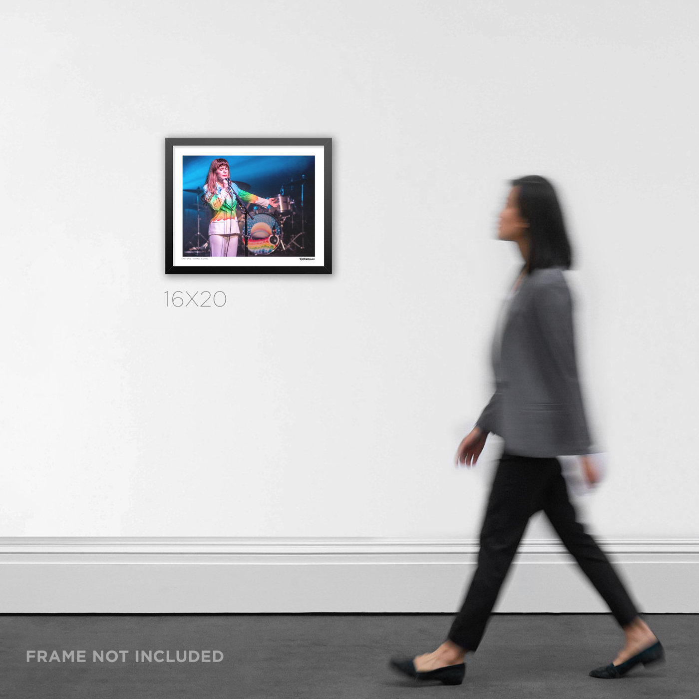 16x20 framed indie pop music Graphic Design print the vibrant stage presence and colorful aura of Jenny Lewis live by RobxWallace, shown on an office wall for room scale.