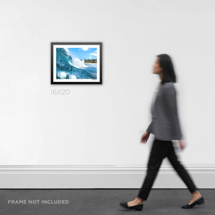 16x20 framed landscape surf Graphic Design print a clean Hawaiian barreling wave by RobxWallace, displayed as home living room wall decor to show product scale.