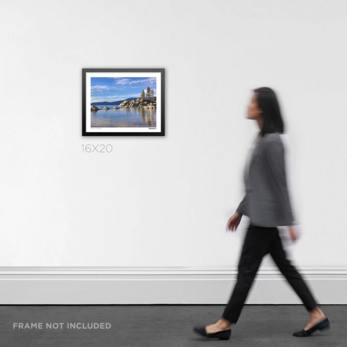 16x20 wide framed fine art mountain landscape print the timeless serenity of Lake Tahoe's eastern shore, hanging on an office wall for room scale.