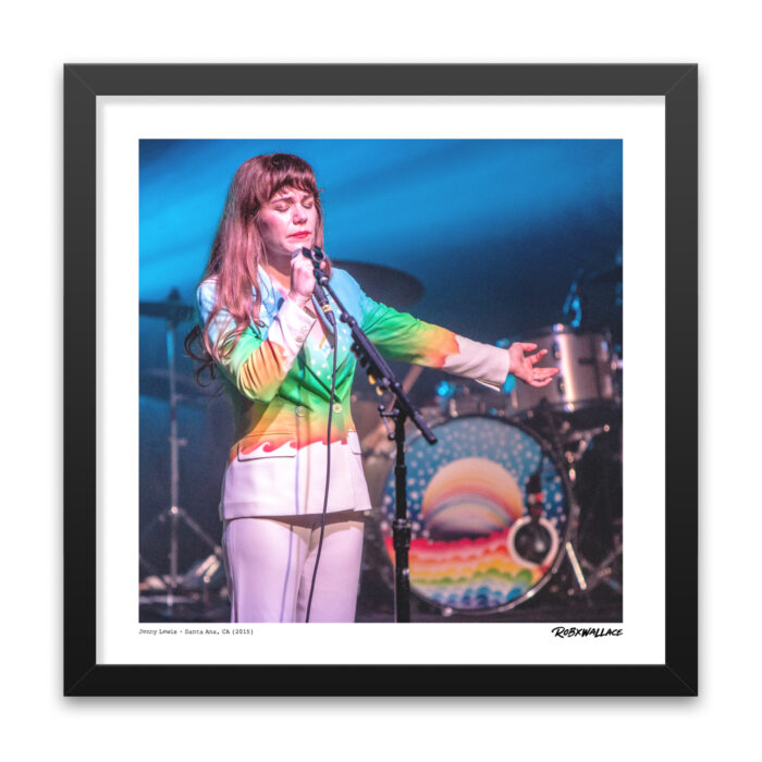 Close up look at an 18x18 square framed archival rock print featuring Jenny Lewis delivering an , personal setlist of solo tracks and timeless Rilo Kiley anthems.