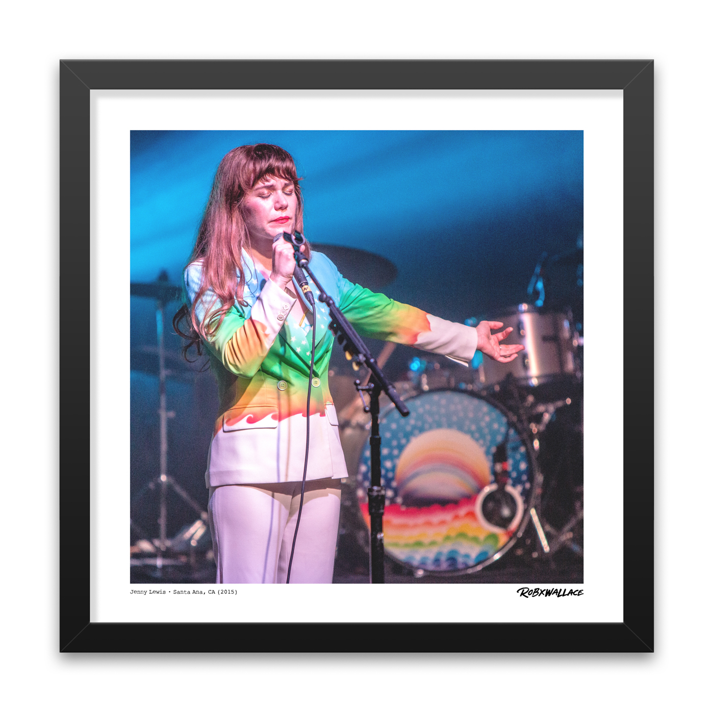 Close up look at an 18x18 square framed archival rock print featuring Jenny Lewis delivering an , personal setlist of solo tracks and timeless Rilo Kiley anthems.