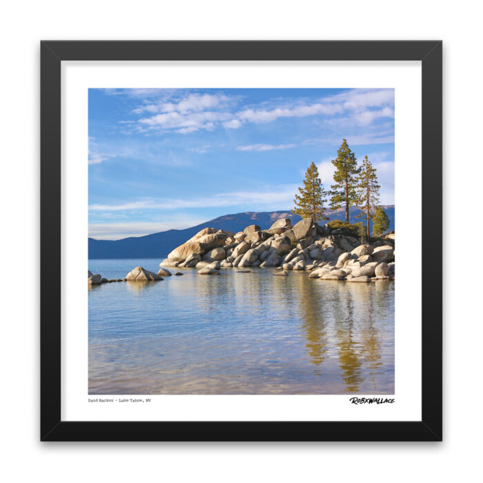 Close up view of an 18x18 square framed fine art landscape print isolating the crystal clear mountain water and lakeside pines of Sand Harbor, Nevada.