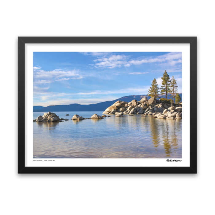 Detailed view of an 18x24 wide framed alpine landscape poster print showcasing the soft golden glow and rugged mountains at Sand Harbor by RobxWallace.