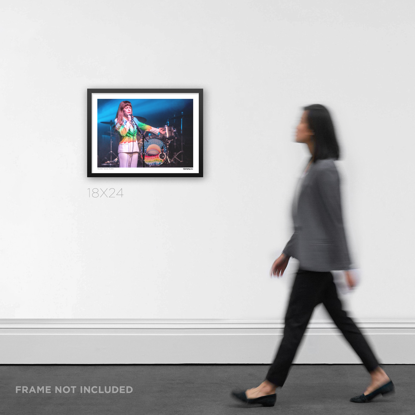 18x24 wide aspect framed alternative music Graphic Design print documenting Jenny Lewis live in Santa Ana during her 2015 solo tour, styled in an interior gallery layout to show scale.