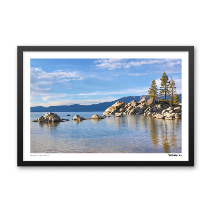 Detailed close up of a 20x30 wide framed fine art print a peaceful summer evening and still alpine waters at Sand Harbor, Nevada.