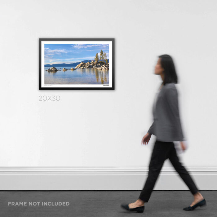 20x30 framed wilderness Graphic Design print documenting the serene reflections of towering pines on Lake Tahoe, shown hanging in a modern home decor setting for scale.