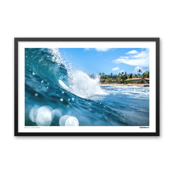 Close up view of a 24x36 wide framed ocean wave Graphic Design print a perfect barreling wave in the morning light off Lahaina, Maui.