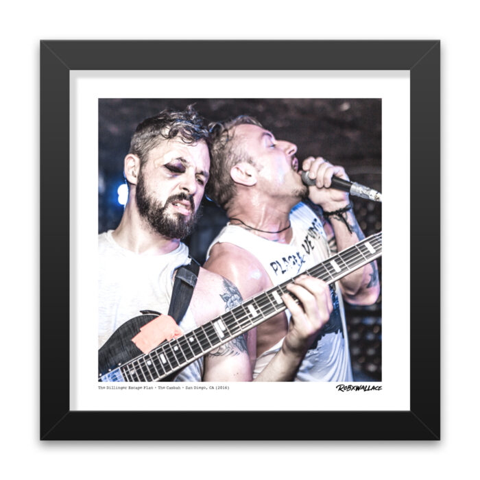 Close up look at a 12x12 square framed progressive hardcore art print the intense, unscripted live energy and technical ferocity of The Dillinger Escape Plan performing live at The Casbah.