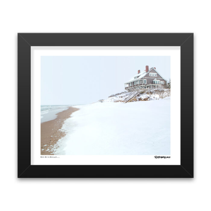 Close-up view of an 8x10 framed fine art poster print of the movie beach house in the snow by Rob Wallace, complete with the 