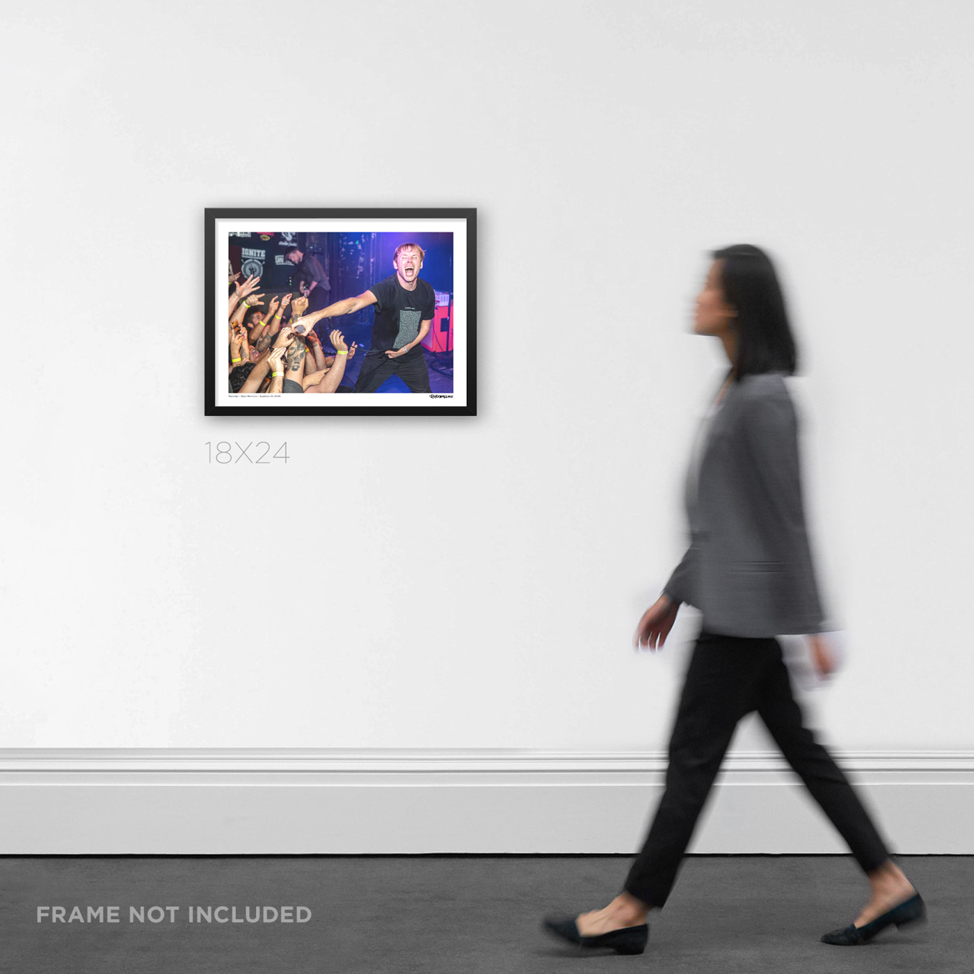 18x24 wide framed alternative rock live music print documenting Thursday performing Full Collapse at Chain Reaction, shown hanging on a wall for product scale.