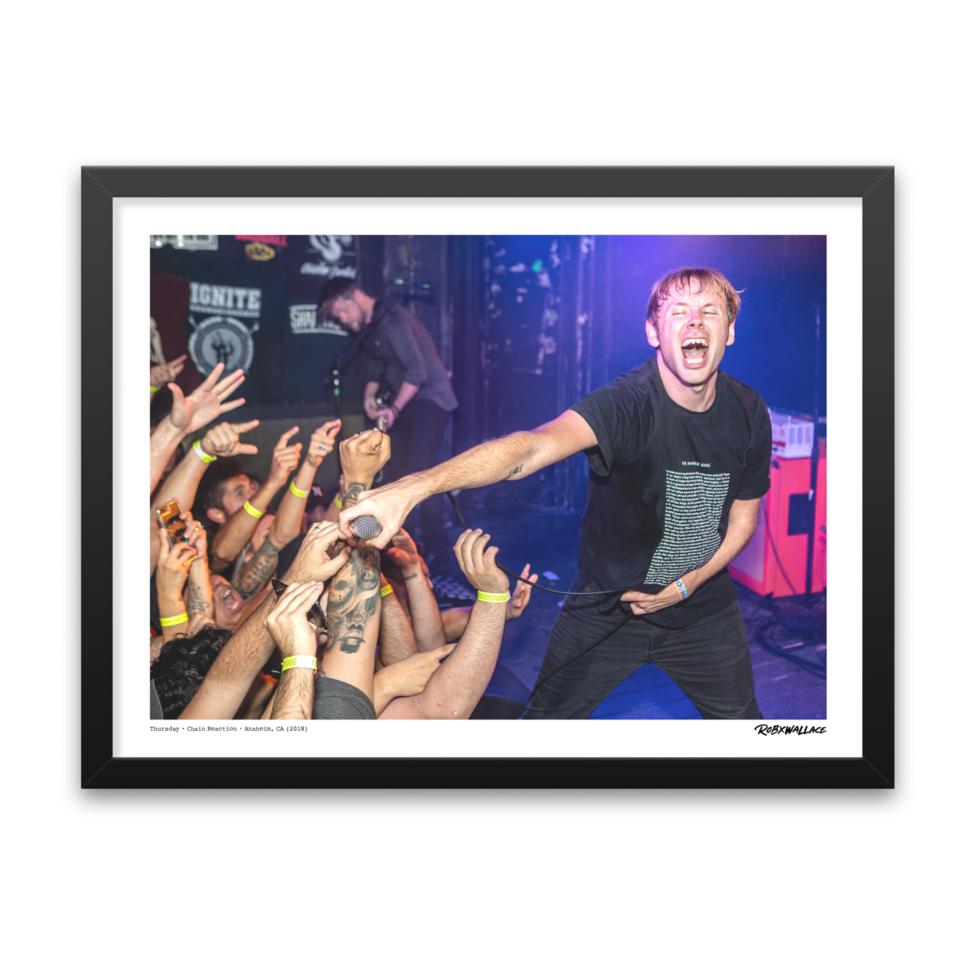 Detailed view of an 18x24 wide framed post-hardcore wall art print tracking the emotional weight and intimacy of Thursday live by RobxWallace.