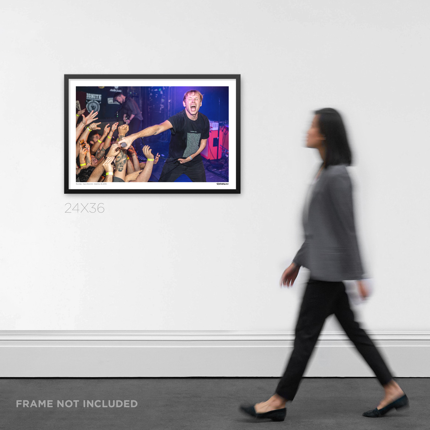 24x36 wide framed post-hardcore concert Graphic Design print the band Thursday live at Chain Reaction, displayed on an art gallery wall for scale.