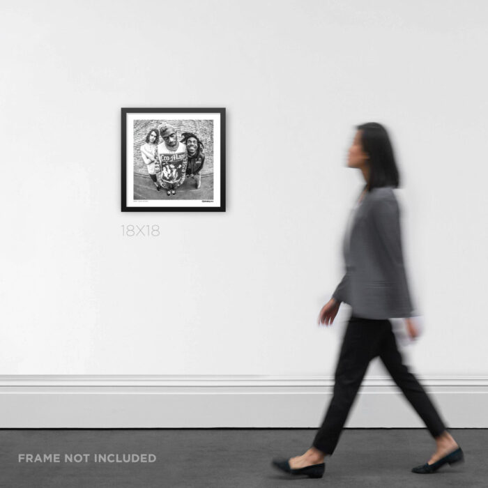 18x18 square framed music documentary wall art print showcasing an alternate candid framing of the band Ho99o9 in Dallas during a 2016 tour run, styled for scale on an interior wall.