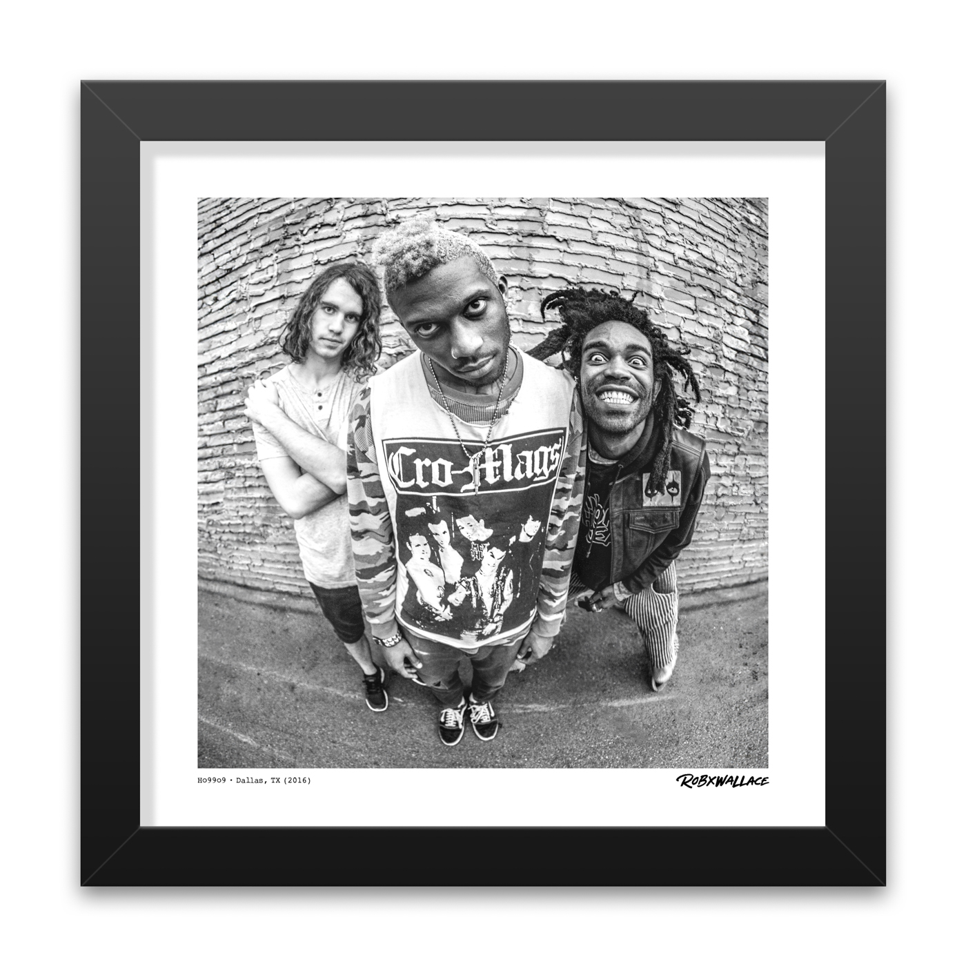 Detailed close up of a 12x12 square framed black and white street portrait poster print variant of the band Ho99o9 standing outside Club Dada in Dallas.