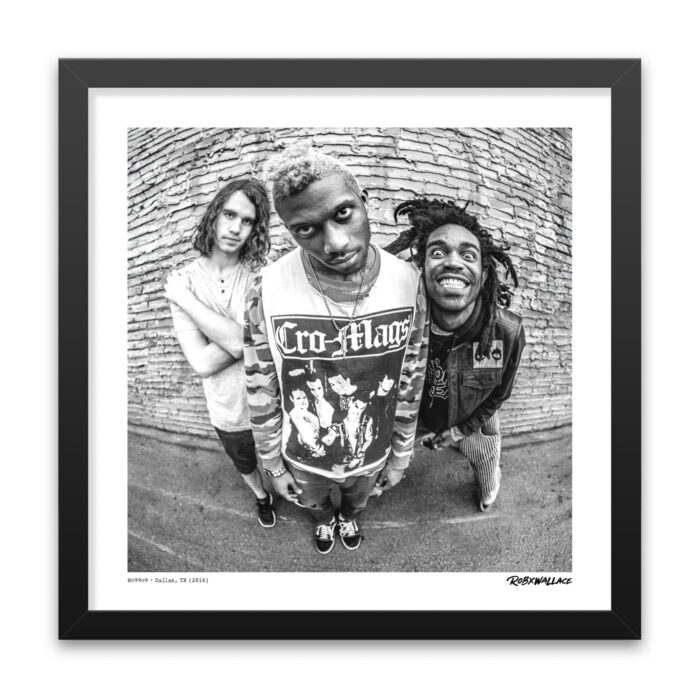 Detailed close up look at an 18x18 square framed alternative rock print an unscripted street portrait variant of Yeti Bones, theOGM, and Brandon Pertzborn.