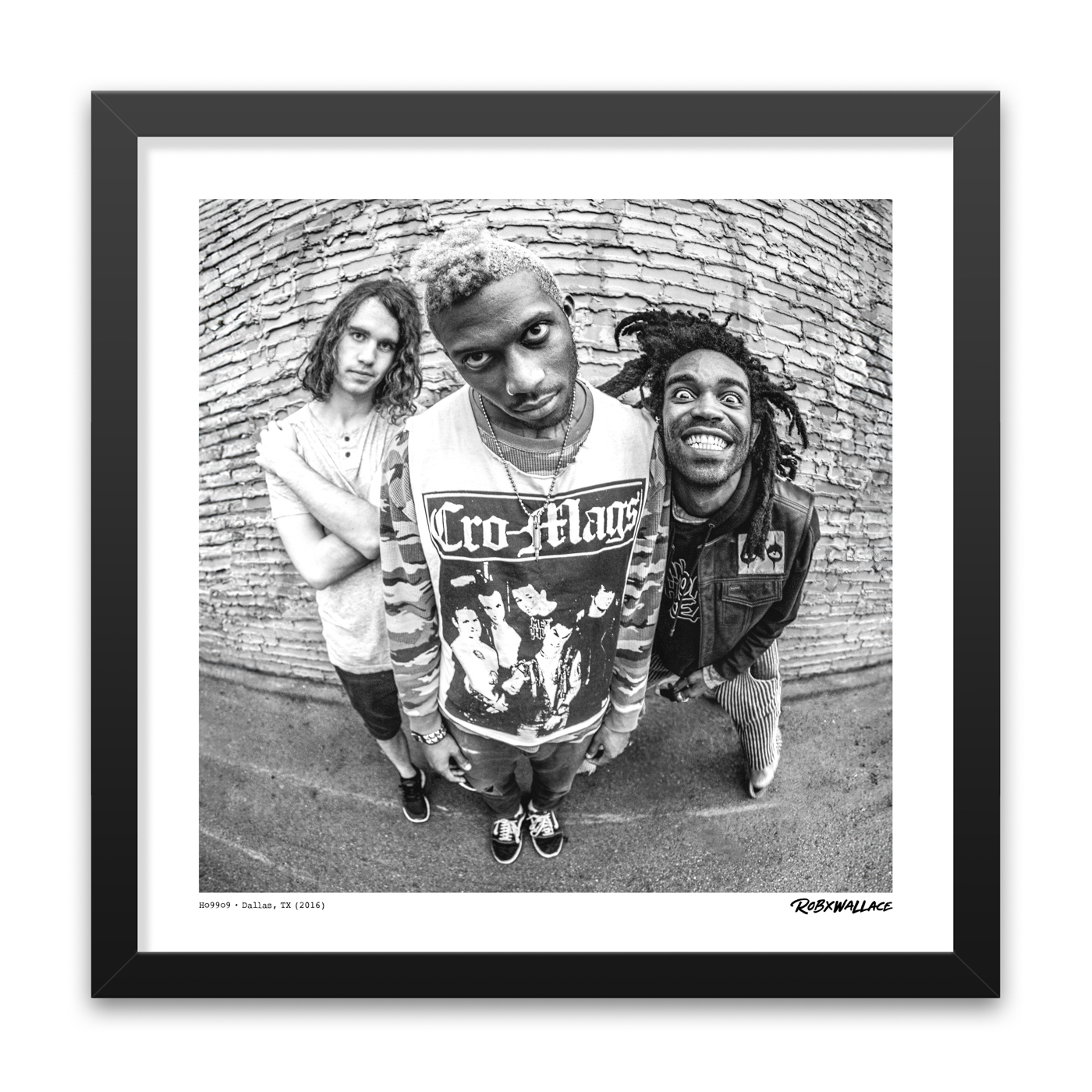 Detailed close up look at an 18x18 square framed alternative rock print an unscripted street portrait variant of Yeti Bones, theOGM, and Brandon Pertzborn.