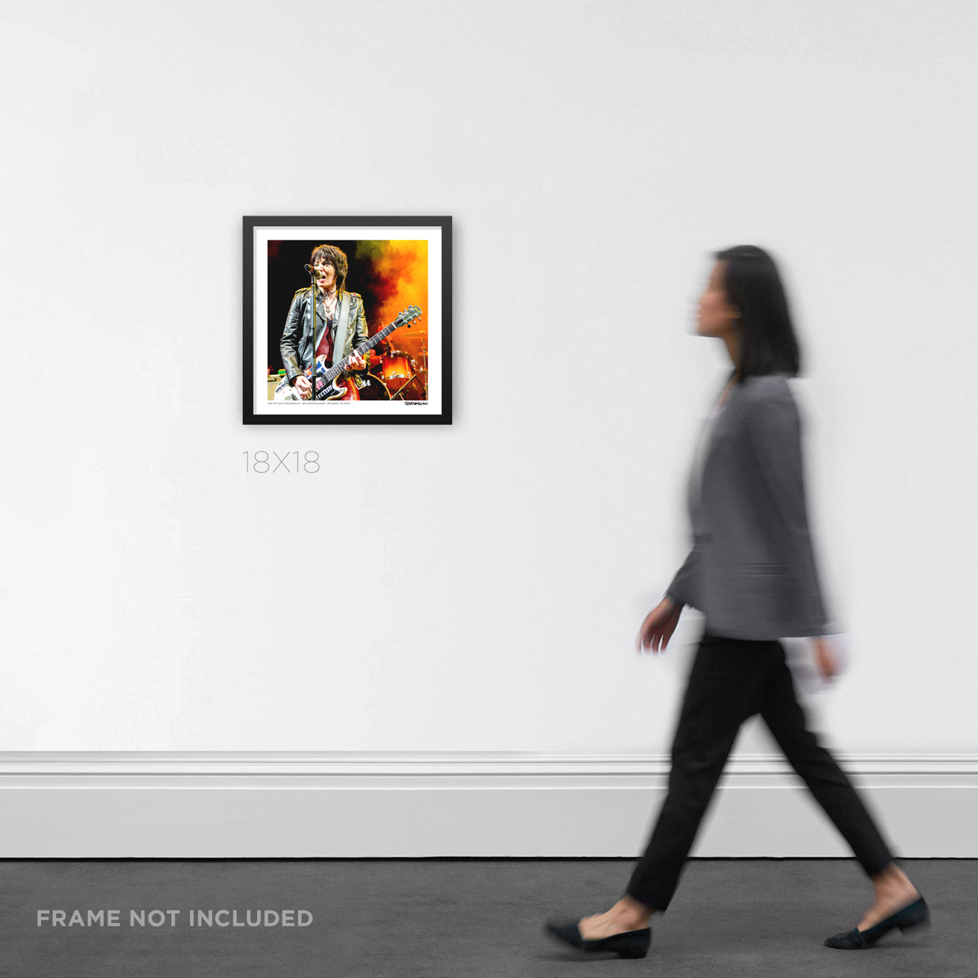 18x18 square framed rock and roll concert Graphic Design print icon Joan Jett live at the Yves Saint Laurent after-party inside the Hollywood Palladium, displayed on a gallery wall for scale.