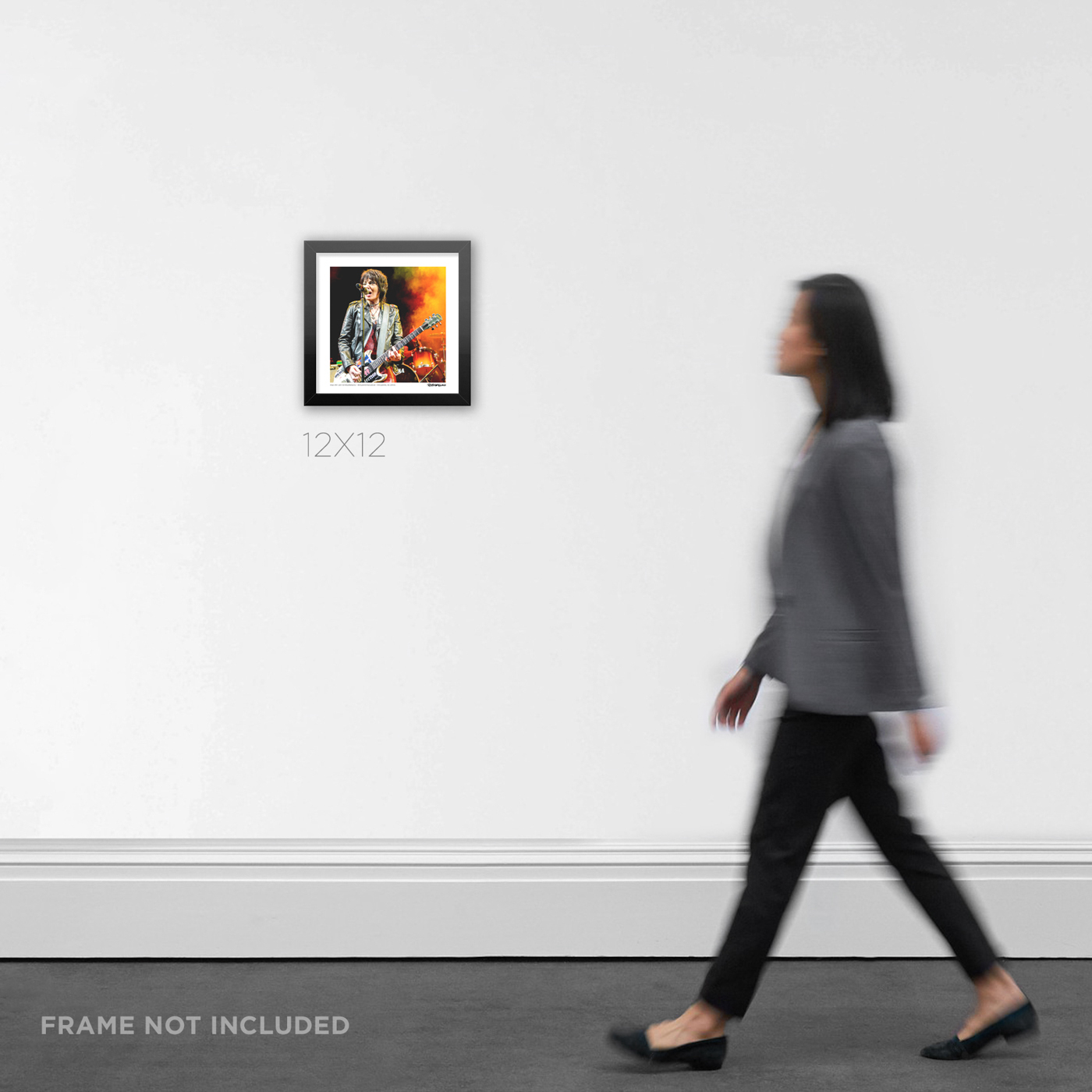 12x12 square framed fine art punk rock print of Hall of Fame inductee Joan Jett the stage with effortless cool at the 2016 Hollywood Palladium show, shown in a home layout for scale.