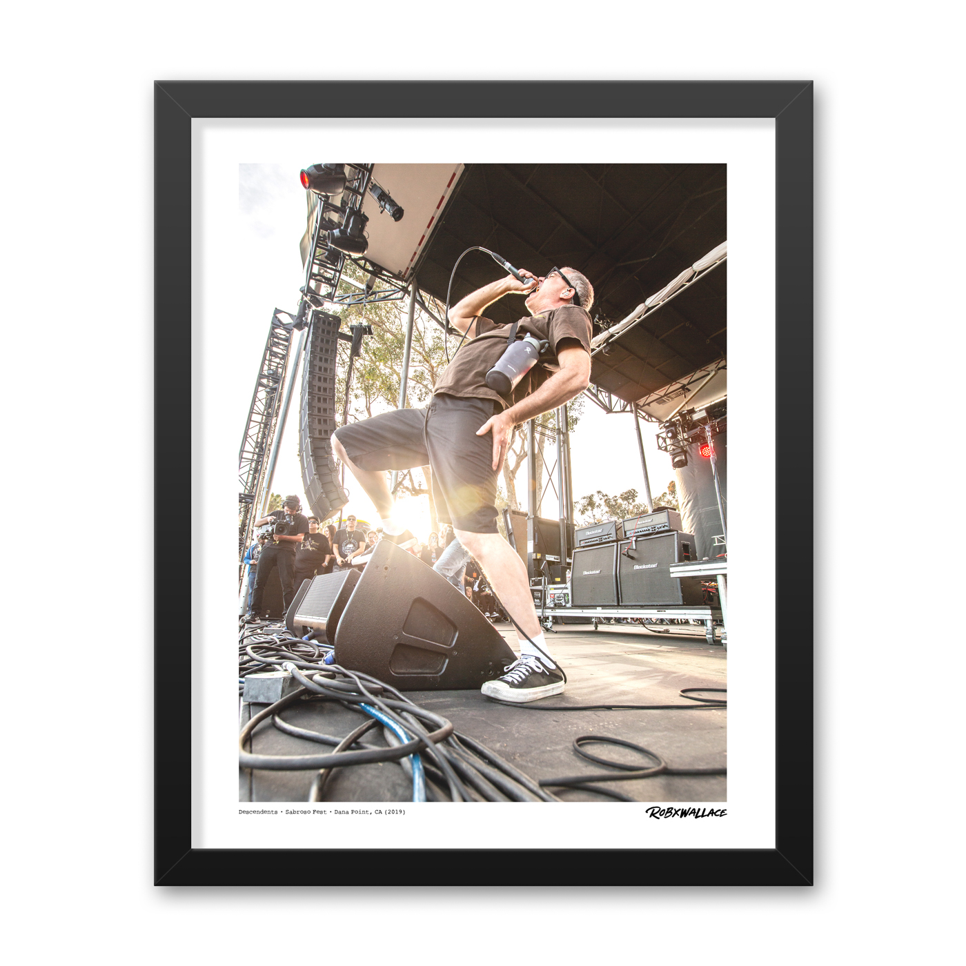 Close up view of a 16x20 tall framed fine art punk poster print tracking frontman Milo Aukerman belt out a classic setlist under bright festival lighting.