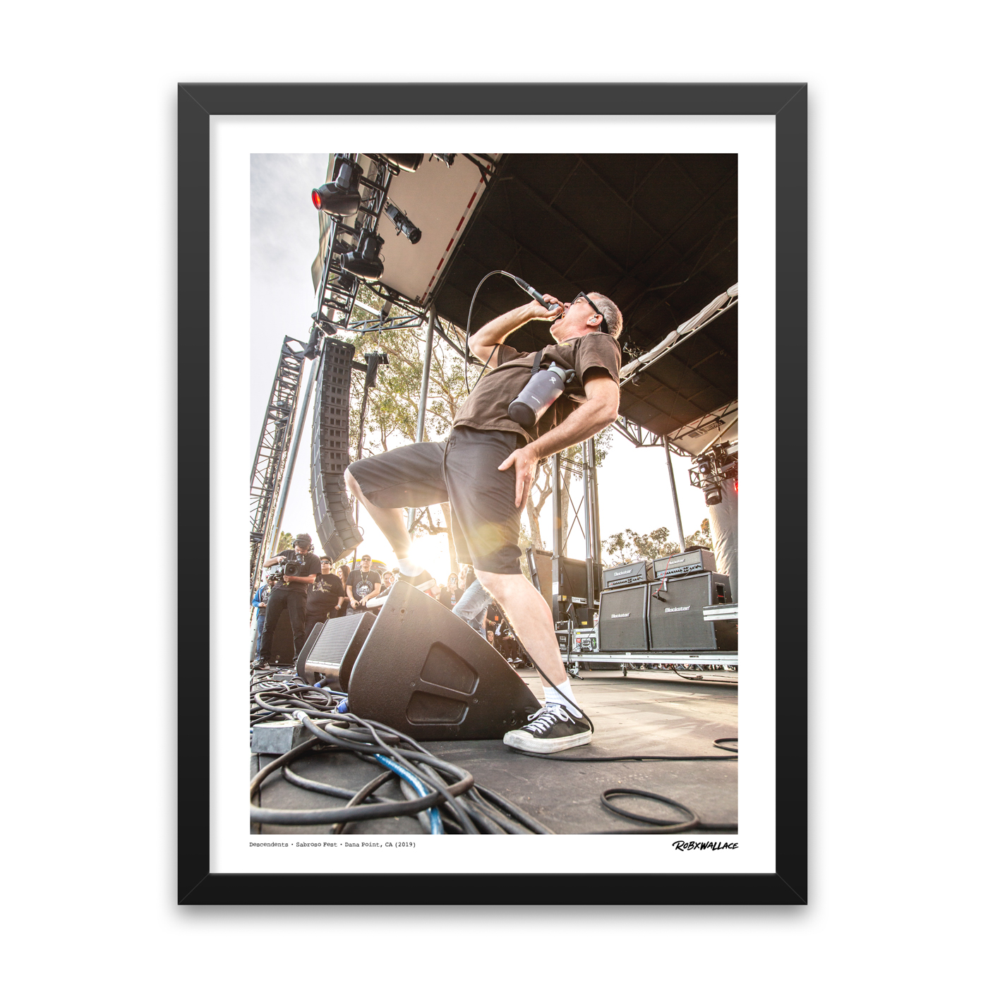 Detailed close up of an 18x24 tall framed pop-punk fine art print showcasing Milo Aukerman performing mid-lyric during a fast-paced live set by RobxWallace.