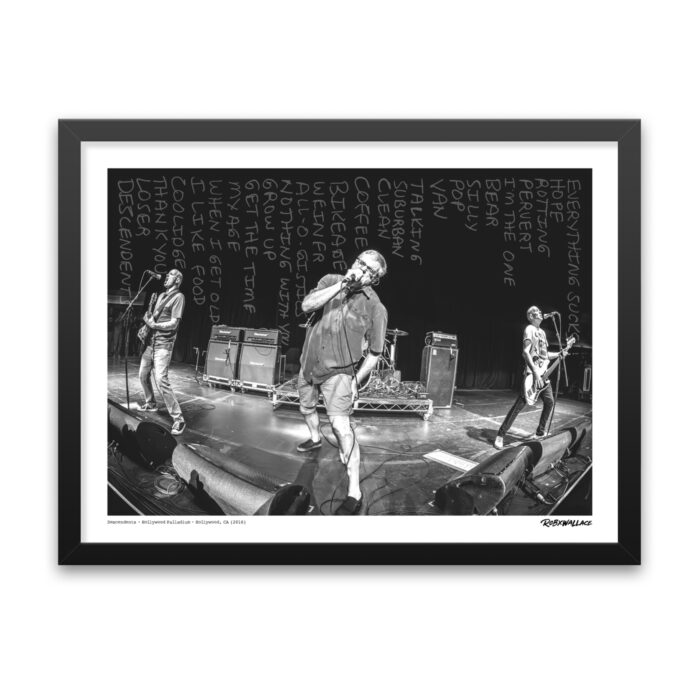 Close up of an 18x24 framed punk rock wall art print showcasing the Descendents live at the Palladium with custom Milo illustrations sketched on the guitar cabs.