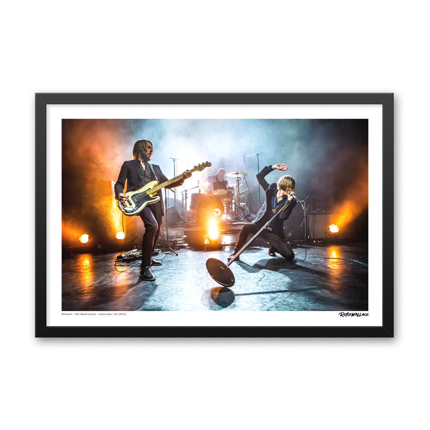 Detailed view of a 20x30 wide framed music poster print showcasing post-hardcore pioneers Refused during their 2015 Freedom tour.