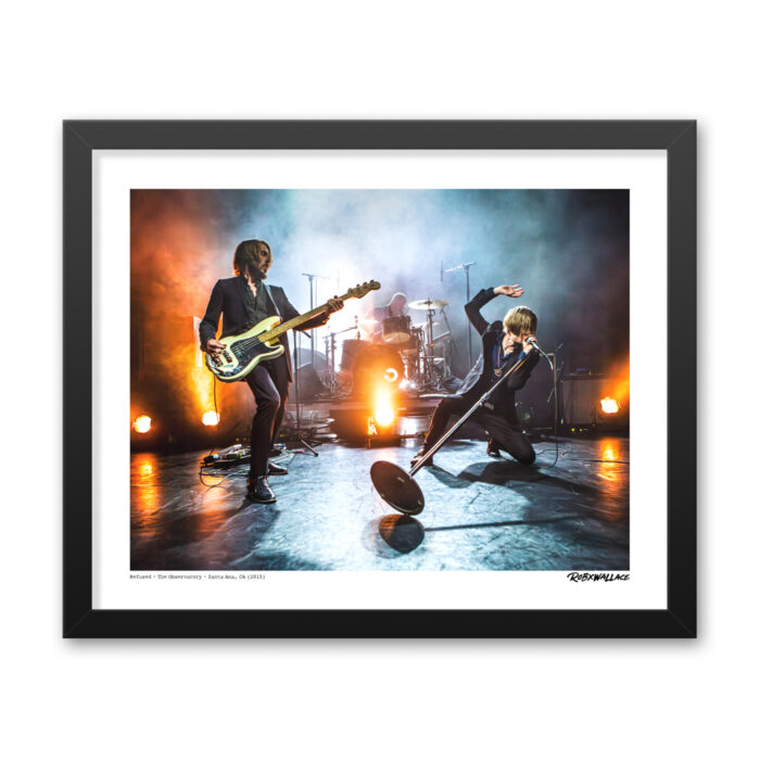 Detailed close up look at a 16x20 wide framed fine art punk print the energetic live presence and stylish dance moves of vocalist Dennis Lyxzén.