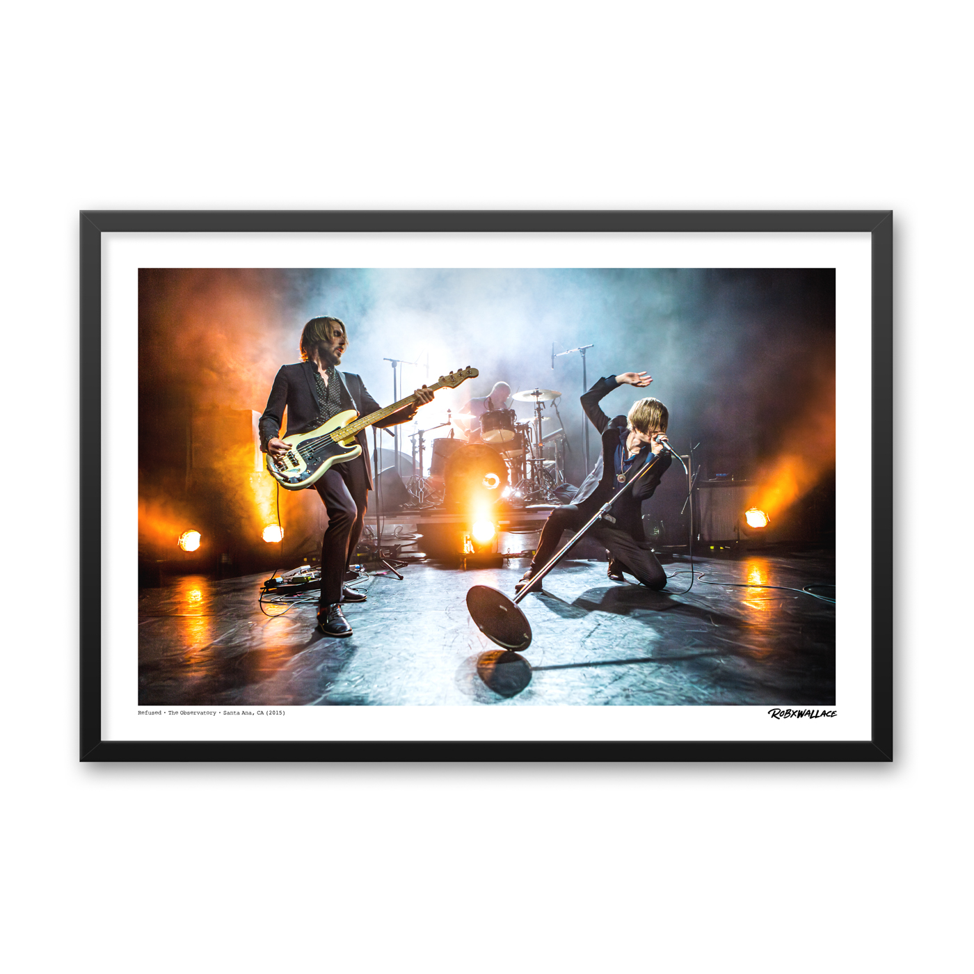 Close up view of a 24x36 wide framed post-hardcore concert Graphic Design print Dennis Lyxzén and Refused performing live at The Observatory in 2015.