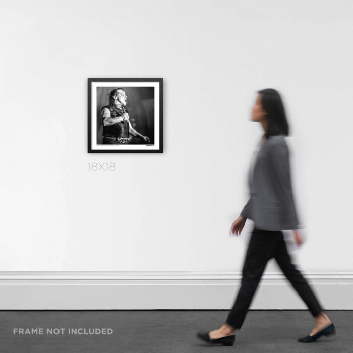 18x18 square framed archival punk rock print featuring Glenn Danzig dominating the venue at Riot Fest, shown hanging on an interior gallery wall for product scale.