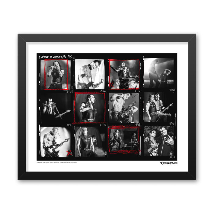 Close up view of a 16x20 wide framed archival music print showcasing multiple frames of the Misfits' aggressive stage presence and dark energy at Riot Fest. Photo By RobxWallace