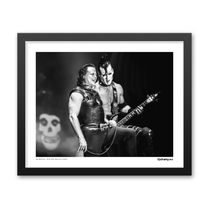 Detailed close up look at a 16x20 framed black and white fine art music poster print a rare moment of camaraderie during the original Misfits reunion tour.