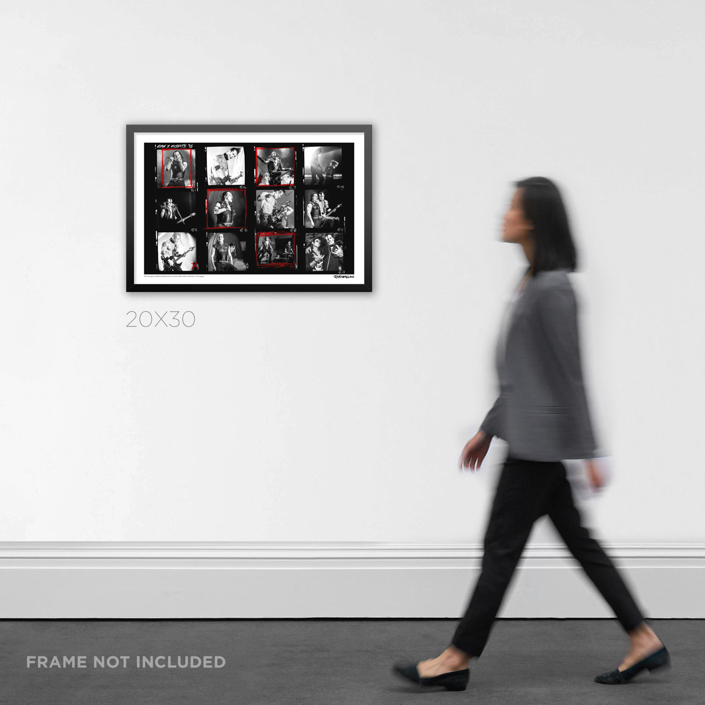 20x30 wide framed punk rock history contact sheet Graphic Design print documenting the Misfits' live energy on stage, displayed on an interior wall for product scale.