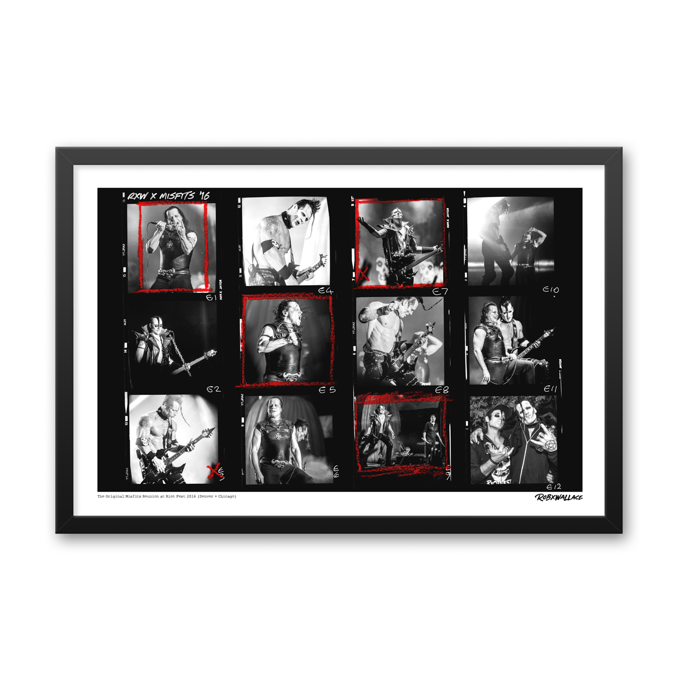 Detailed close up of a 20x30 wide framed fine art punk poster print tracking the movement and visual pacing of the original Misfits lineup live mid-performance.