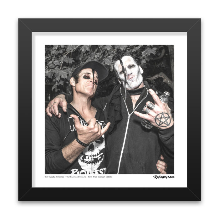 Detailed close up view of a 12x12 square framed fine art music print Jerry Only and Doyle sharing a personal candid moment backstage in Douglas Park.